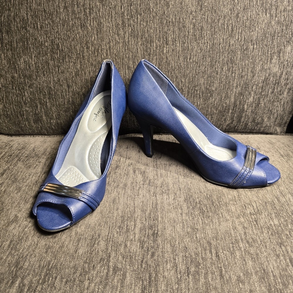 Dexflex Comfort Womens Navy Blue‎ Peep Toe Heels Silver Bar Detail Pumps Size 7
